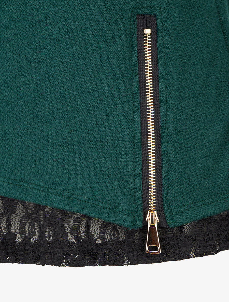 Pull fin à bords en dentelle et zip décoratif - Vert foncé - 3