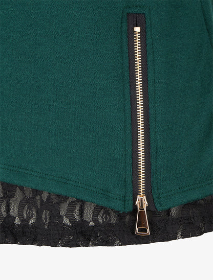 Pull fin à bords en dentelle et zip décoratif - Vert foncé - 3