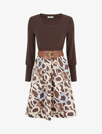 Robe évasée en maille et suédine imprimé ronds stylisés - Marron - 1