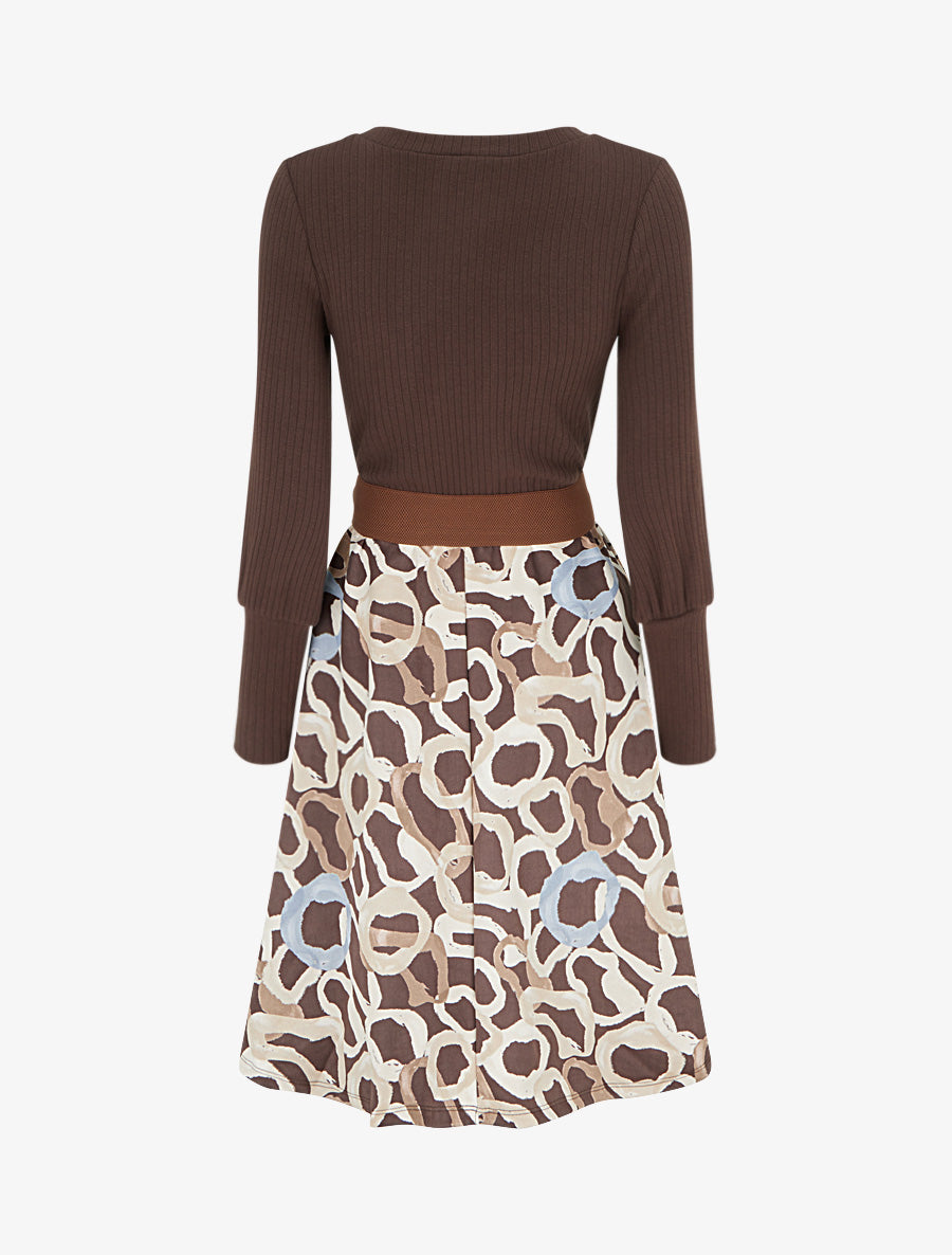 Robe évasée en maille et suédine imprimé ronds stylisés - Marron - 2