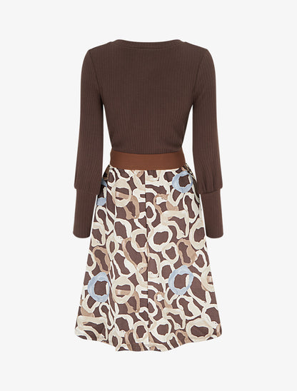 Robe évasée en maille et suédine imprimé ronds stylisés - Marron - 2