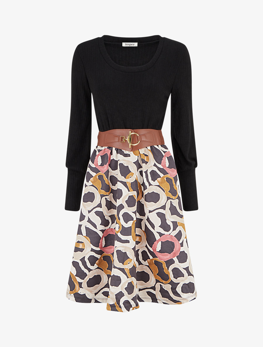 Robe évasée en maille et suédine imprimé ronds stylisés - Noir - 1