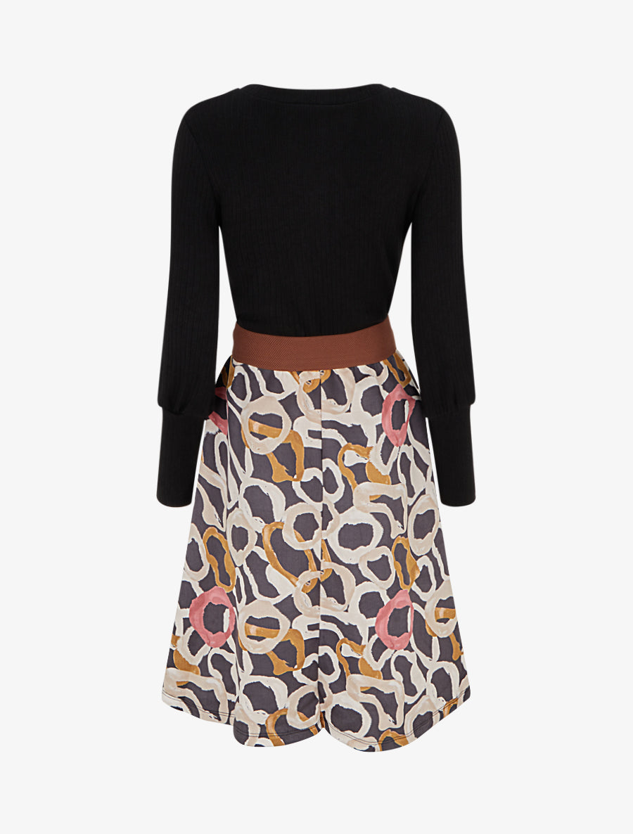Robe évasée en maille et suédine imprimé ronds stylisés - Noir - 2