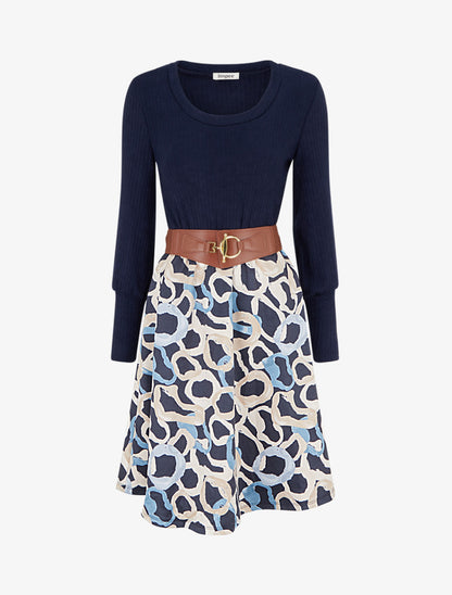 Robe évasée en maille et suédine imprimé ronds stylisés - Marine - 1