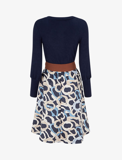 Robe évasée en maille et suédine imprimé ronds stylisés - Marine - 2