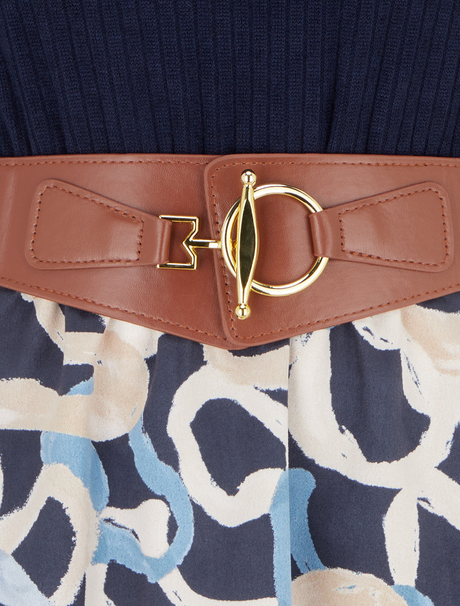 Robe évasée en maille et suédine imprimé ronds stylisés - Marine - 3