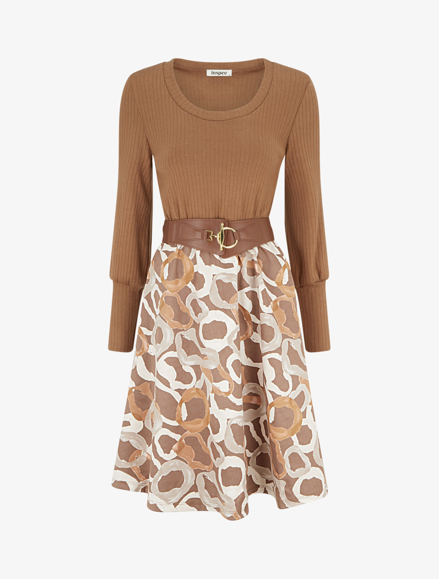 Robe évasée en maille et suédine imprimé ronds stylisés - Camel - 1