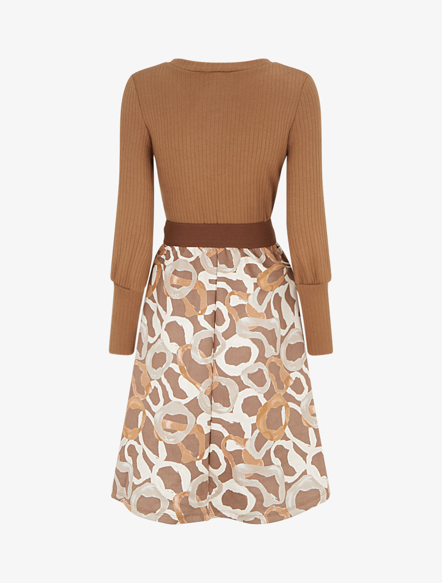 Robe évasée en maille et suédine imprimé ronds stylisés - Camel - 2