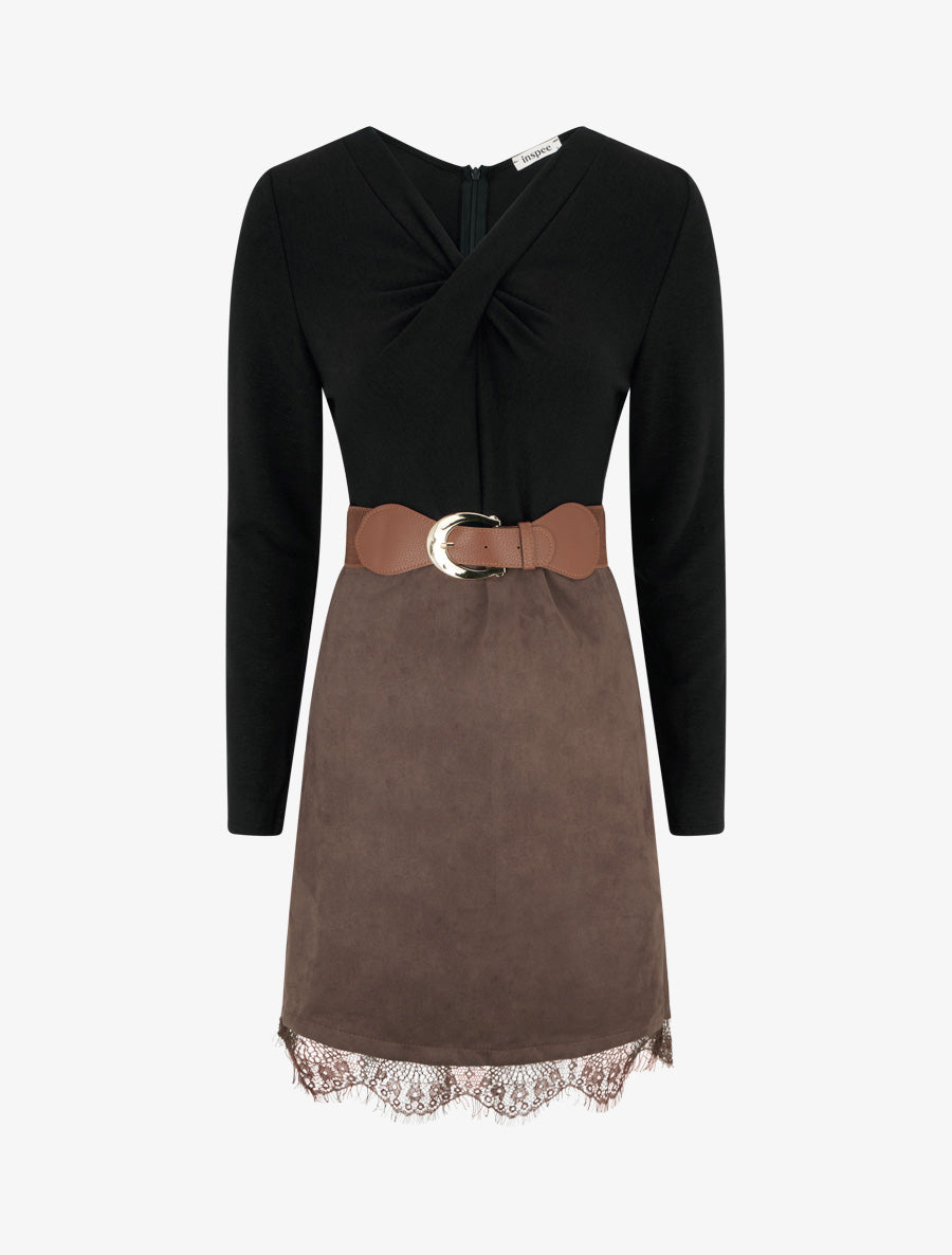 Robe droite en maille et suédine à bords en dentelle - Noir/marron - 1