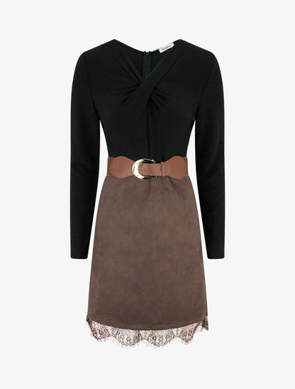 Robe droite en maille et suédine à bords en dentelle - Noir/marron - 1