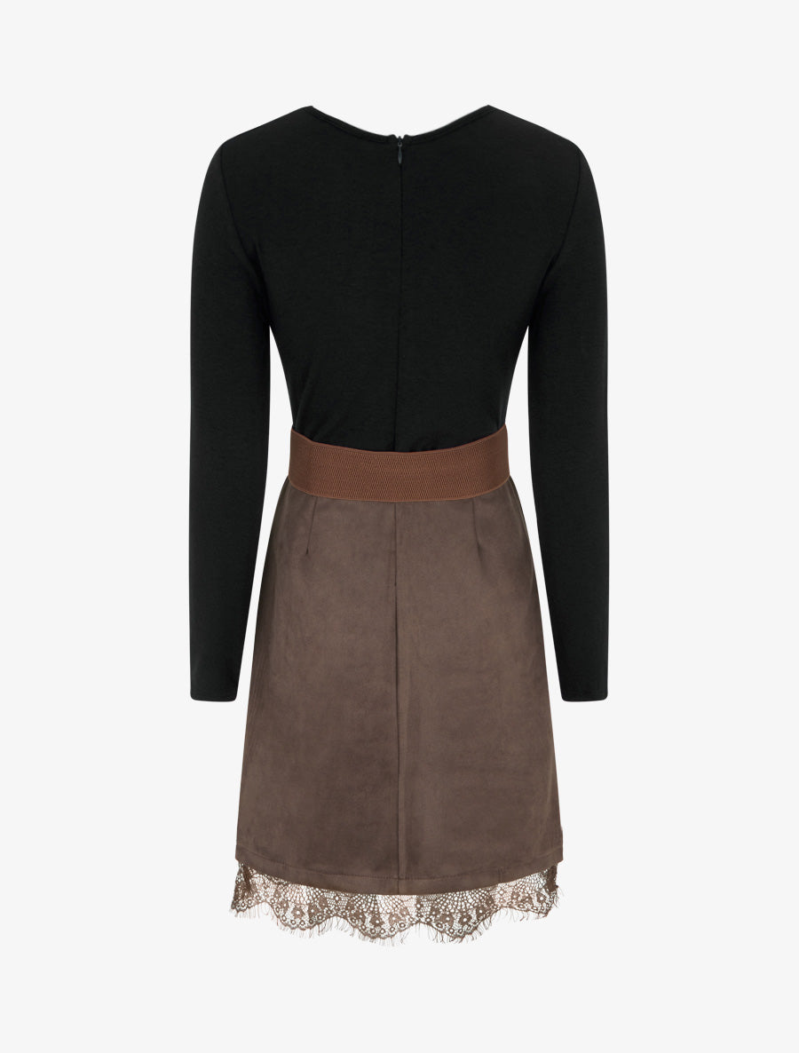 Robe droite en maille et suédine à bords en dentelle - Noir/marron - 2