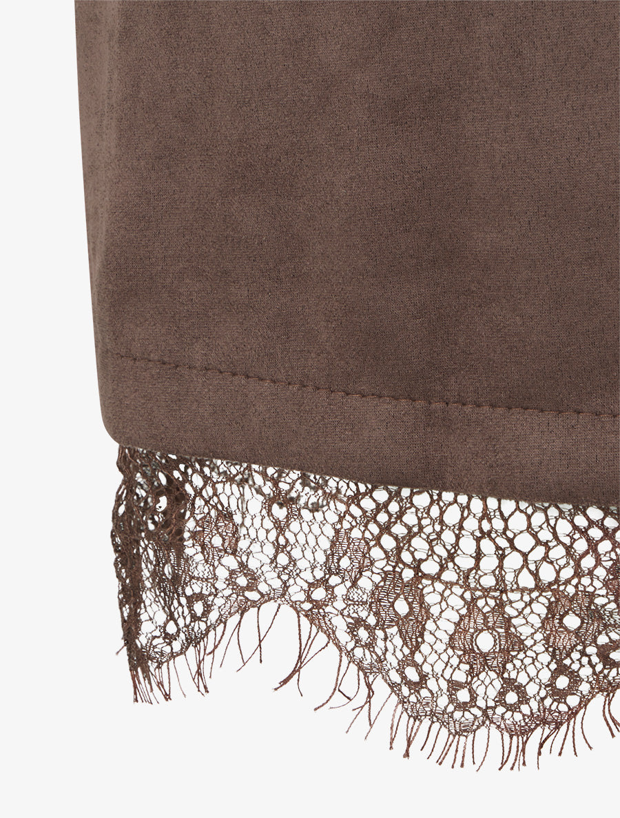 Robe droite en maille et suédine à bords en dentelle - Noir/marron - 3