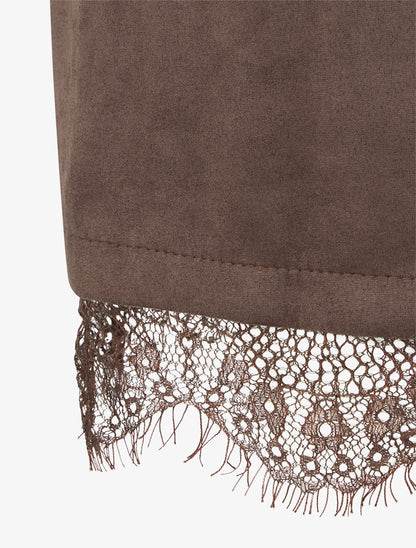 Robe droite en maille et suédine à bords en dentelle - Noir/marron - 3