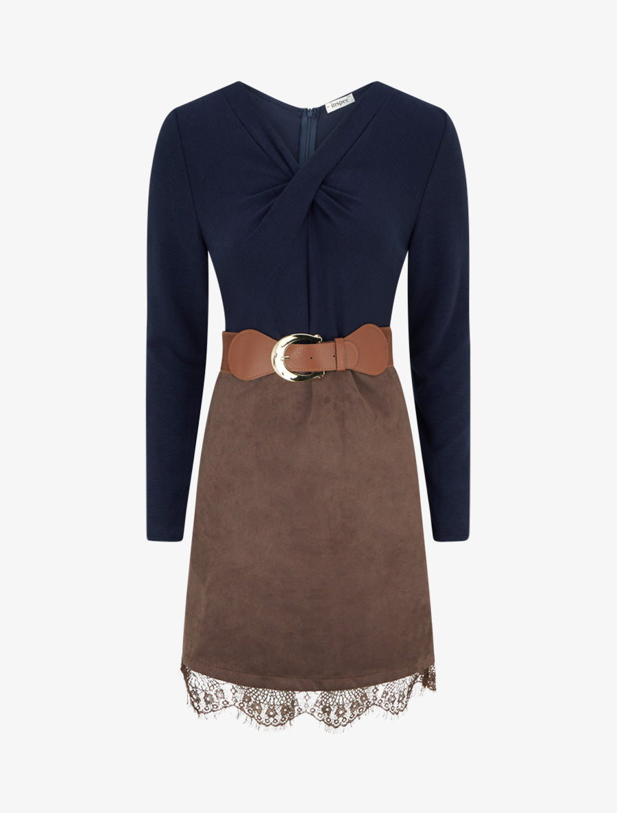 Robe droite en maille et suédine à bords en dentelle - Marron/marine - 1