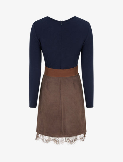 Robe droite en maille et suédine à bords en dentelle - Marron/marine - 2
