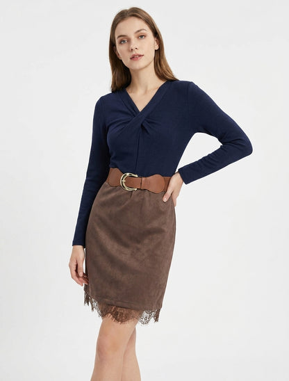 Vestido recto de punto y ante con bordes de encaje. - Marrón/marino