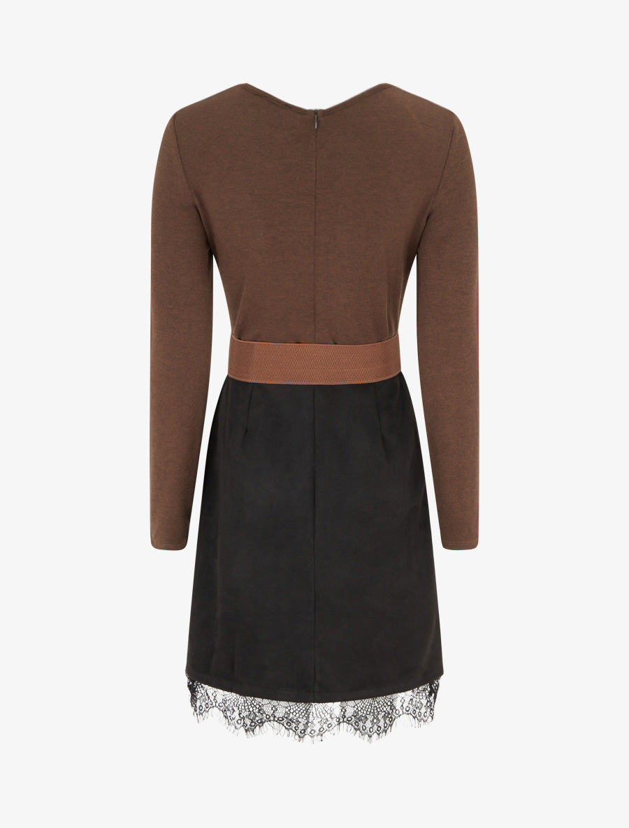 Robe droite en maille et suédine à bords en dentelle - Marron/noir - 2