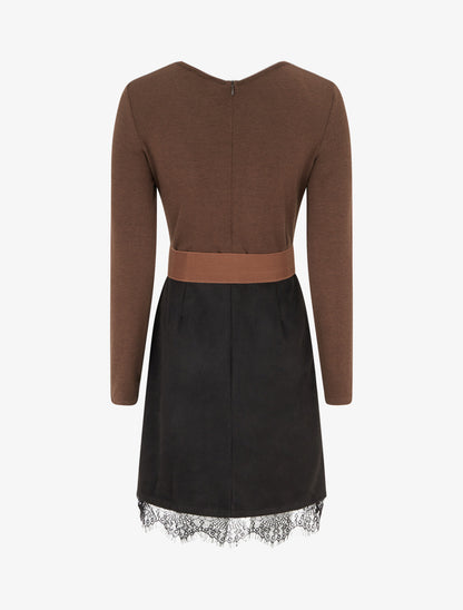 Robe droite en maille et suédine à bords en dentelle - Marron/noir - 2