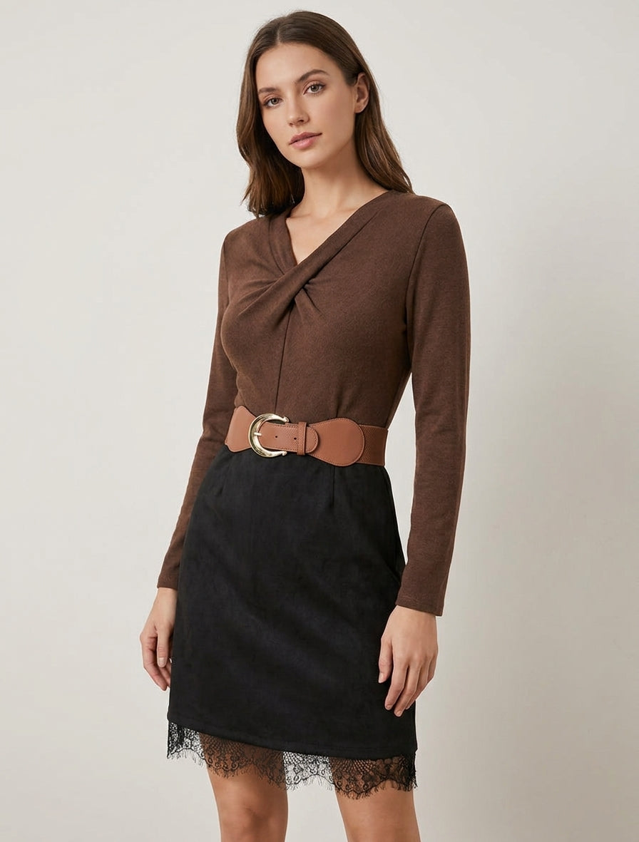 Vestido recto de punto y ante con bordes de encaje. - Marrón/negro