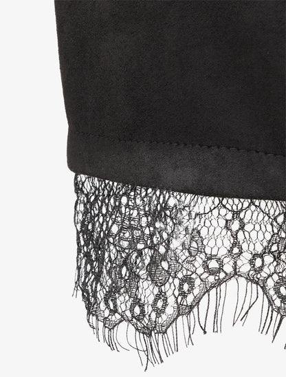 Robe droite en maille et suédine à bords en dentelle - Noir - 3
