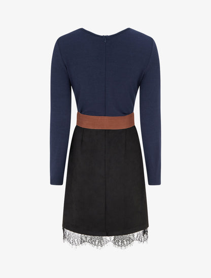 Robe droite en maille et suédine à bords en dentelle - Marine/noir - 2