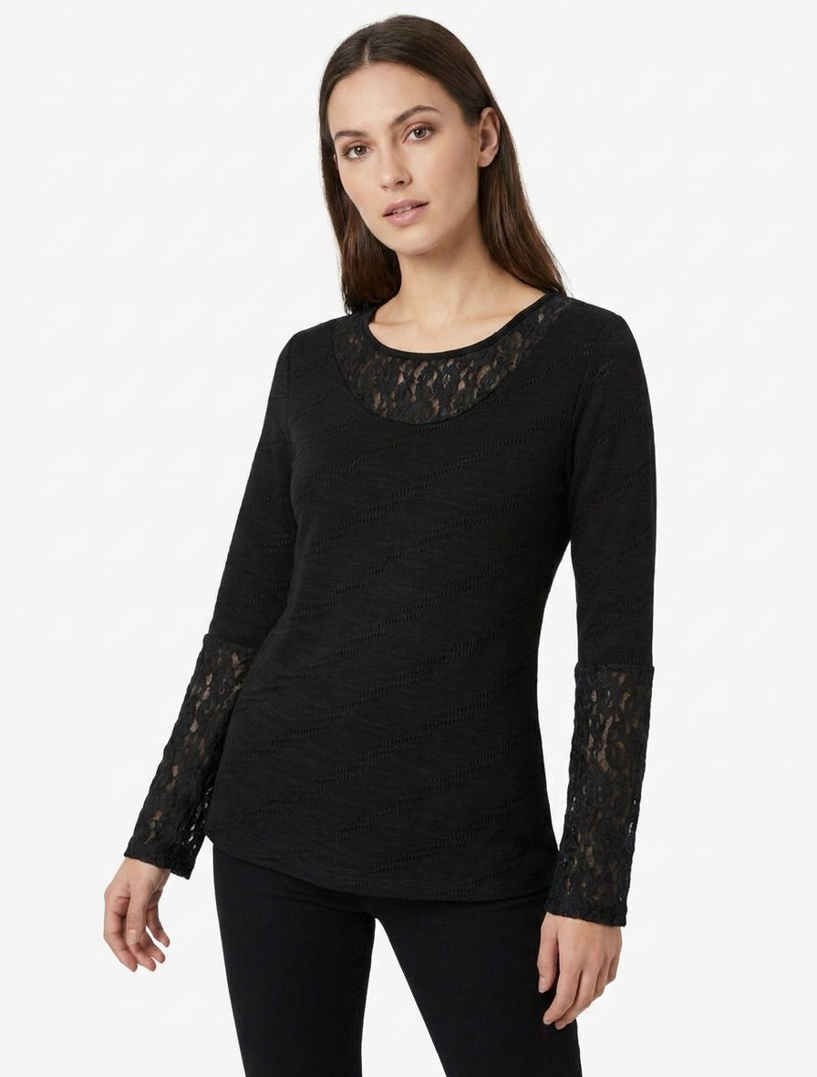 Jersey recto con cuello y mangas de encaje. - Negro