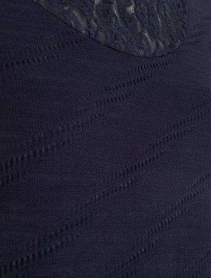 Pull droit à col et manches en dentelle - Marine - 3