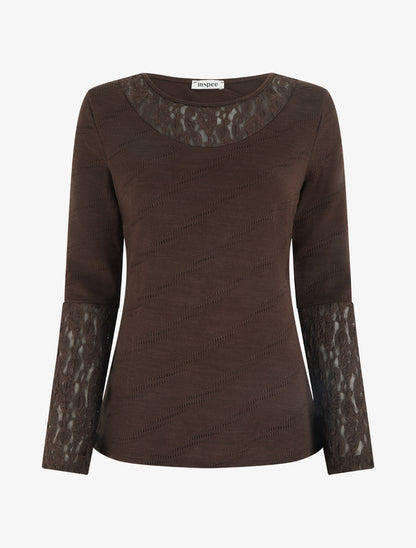 Pull droit à col et manches en dentelle - Marron - 1