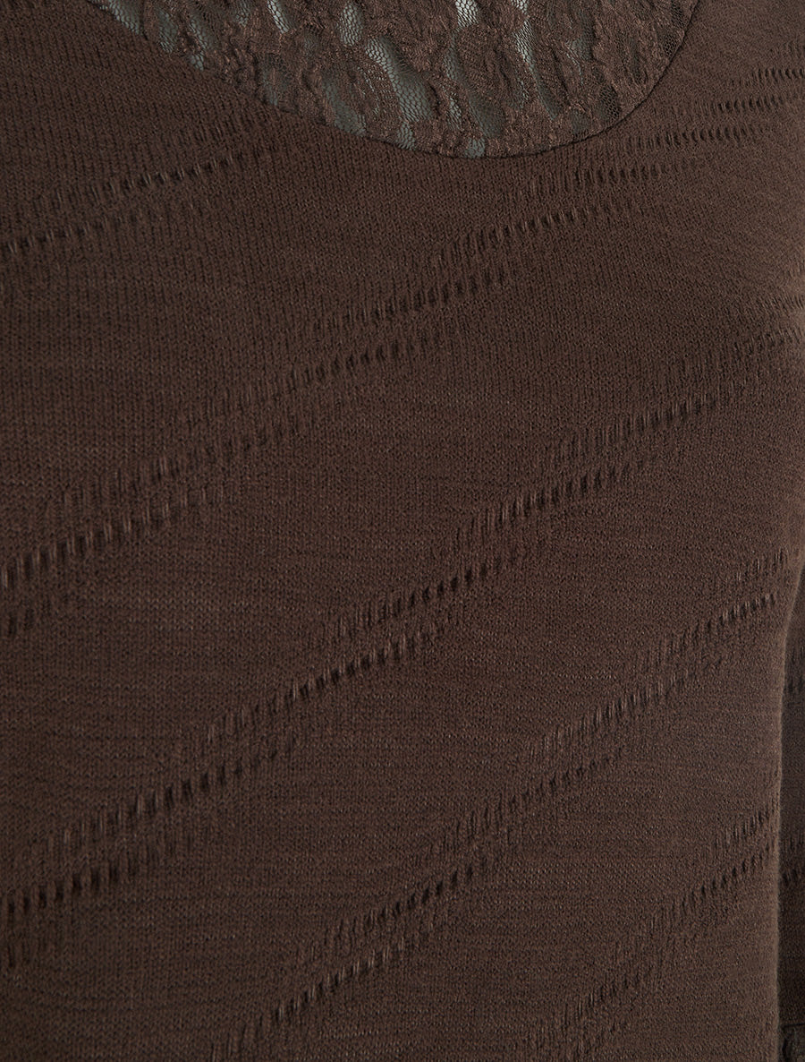 Pull droit à col et manches en dentelle - Marron - 3