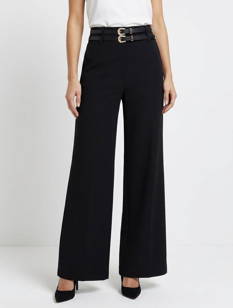 Pantalón ancho de cintura alta con doble cinturón. - Negro
