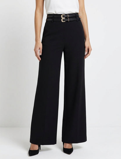 Pantalón ancho de cintura alta con doble cinturón. - Negro