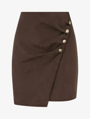 Jupe style portefeuille en suédine à boutons - Marron - 1