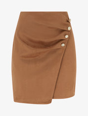 Jupe style portefeuille en suédine à boutons - Camel - 1