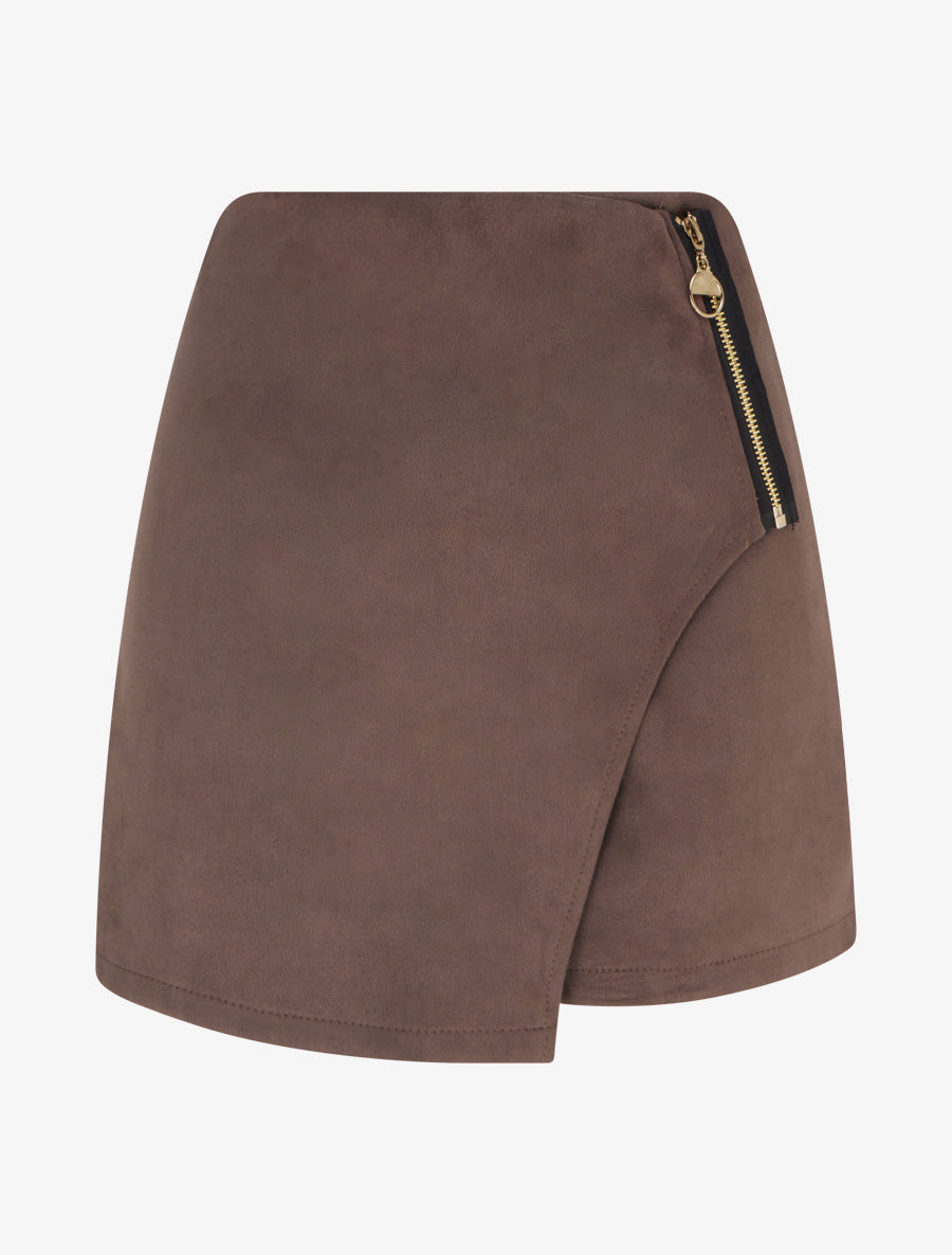 Jupe-short en suédine style portefeuille à zip - Marron - 1