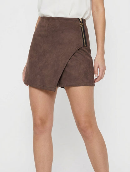 Falda-pantalón de ante estilo portafolio con cremallera - Marrón