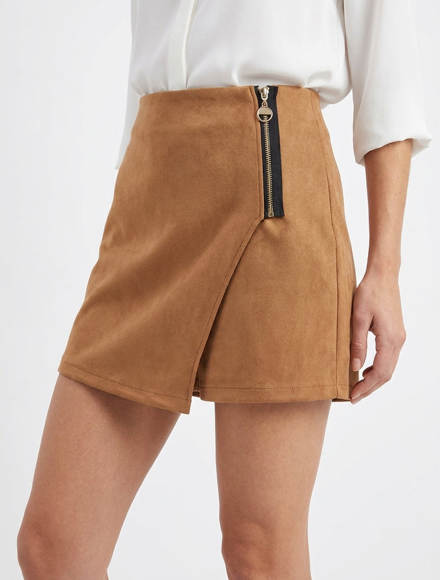 Falda-pantalón de ante estilo portafolio con cremallera - Camello