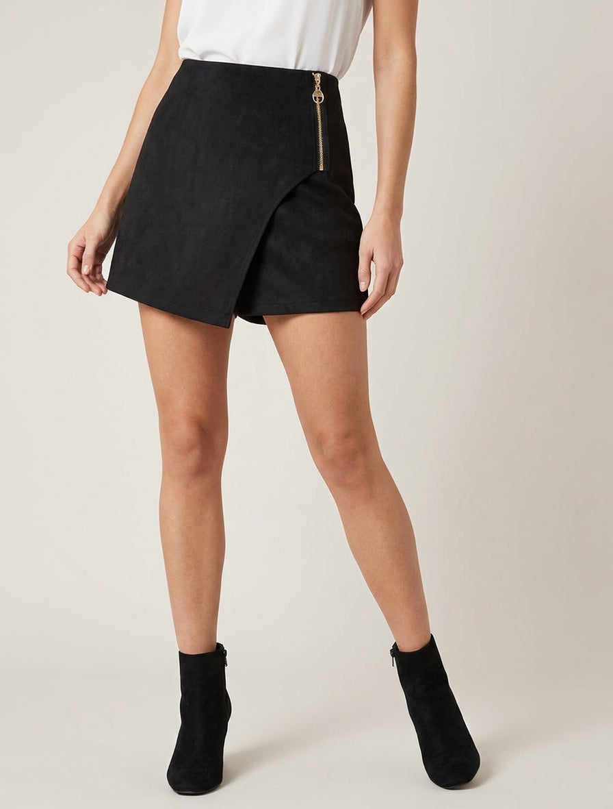 Falda-pantalón de ante estilo portafolio con cremallera - Negro