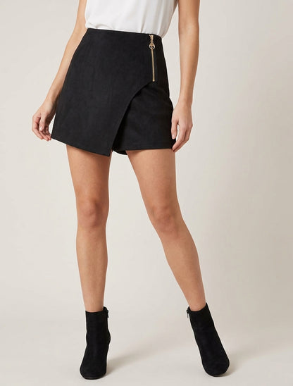 Falda-pantalón de ante estilo portafolio con cremallera - Negro