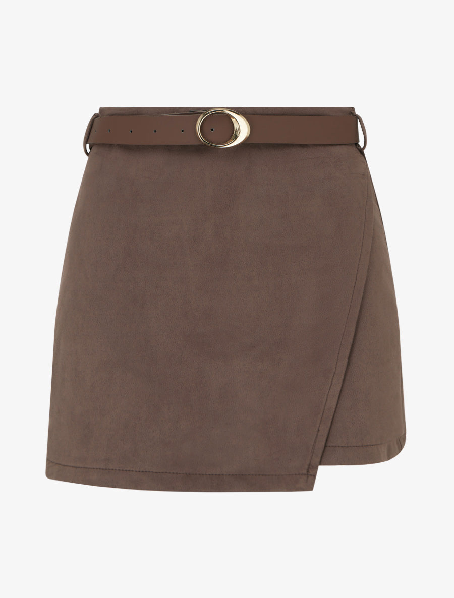 Jupe-short portefeuille en suédine à ceinture - Marron - 1