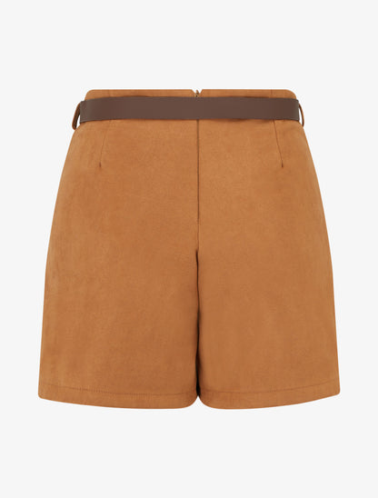 Jupe-short portefeuille en suédine à ceinture - Camel - 2