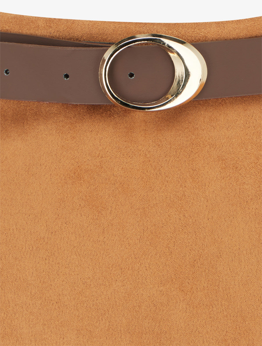 Jupe-short portefeuille en suédine à ceinture - Camel - 3
