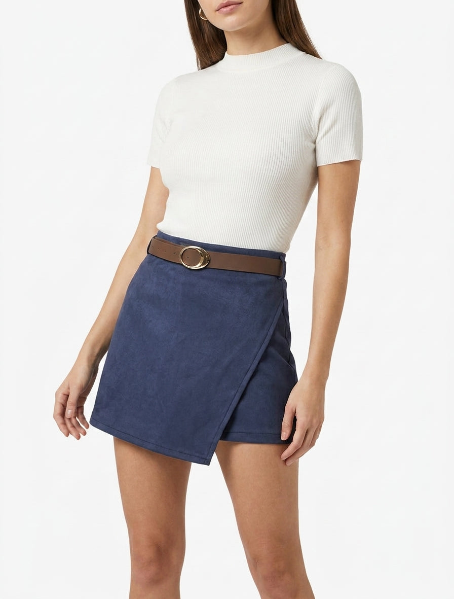 Falda-pantalón cruzada de ante con cinturón - Marine