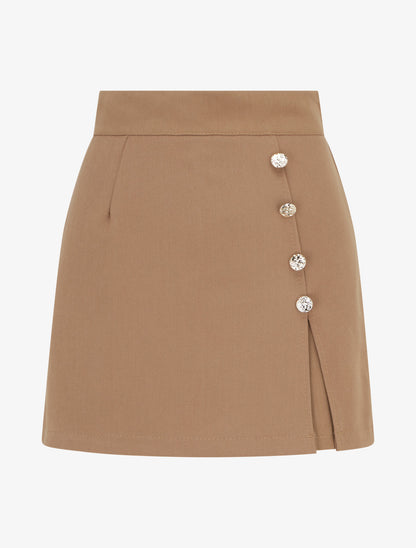 Jupe-short fendue à boutons décoratifs - Camel - 1