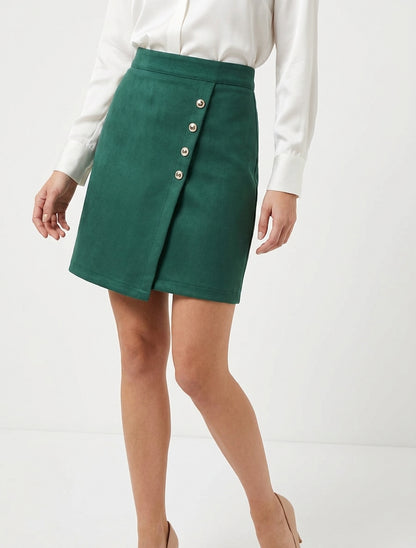 Falda de ante estilo cruzado con botones - Verde