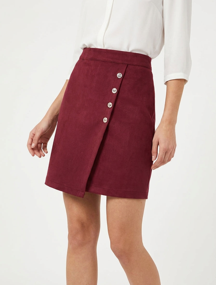 Falda de ante estilo cruzado con botones - Burdeos
