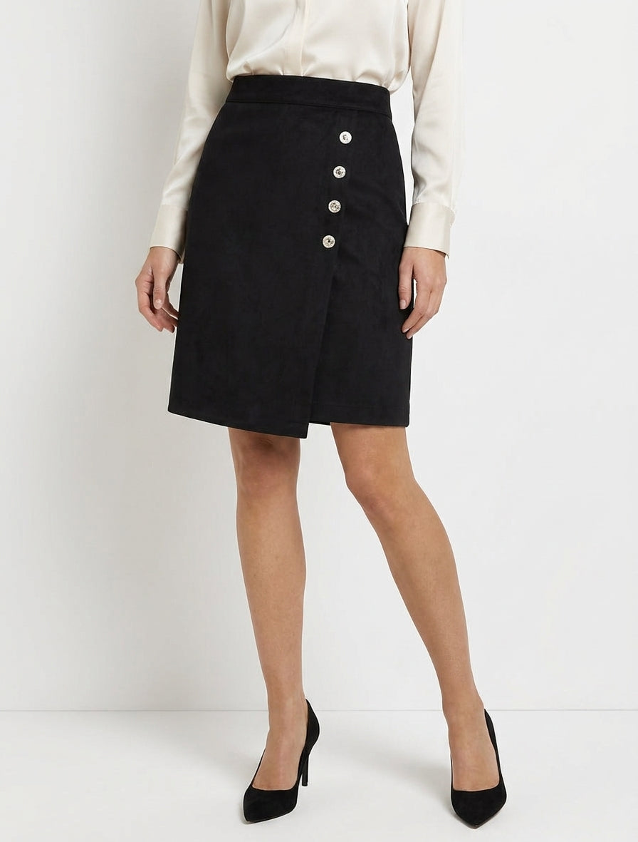 Falda de ante estilo cruzado con botones - Negro