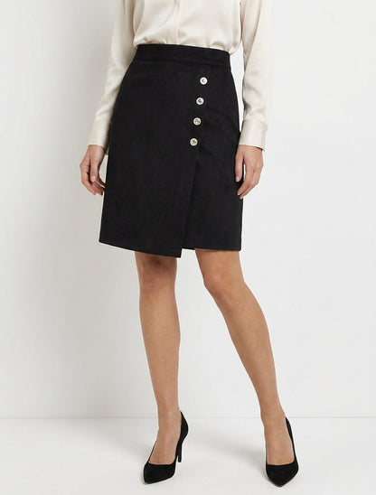 Falda de ante estilo cruzado con botones - Negro