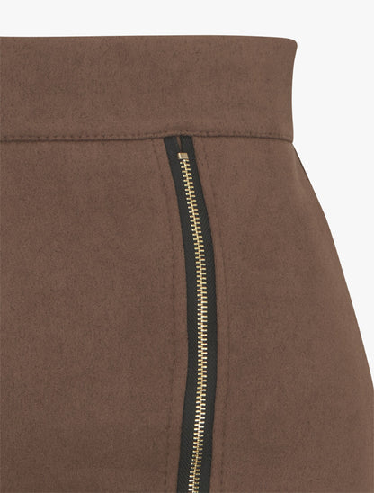 Jupe courte en suédine à zip décoratif - Marron - 3