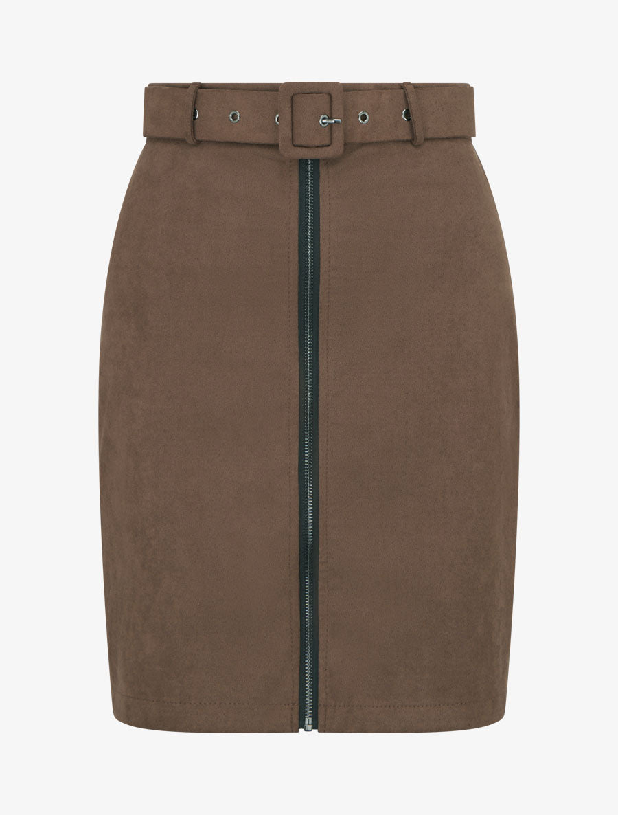 Jupe crayon taille haute en suédine à zip - Marron - 1