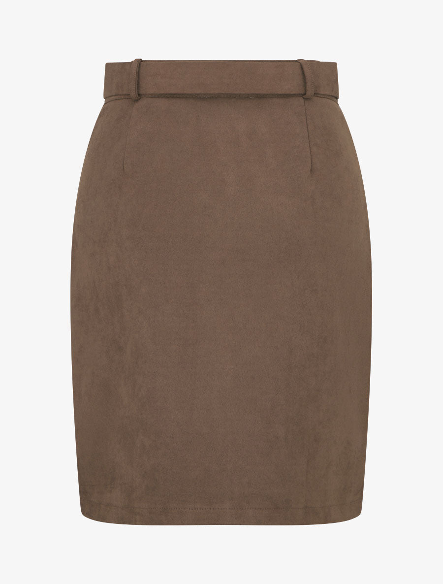 Jupe crayon taille haute en suédine à zip - Marron - 2